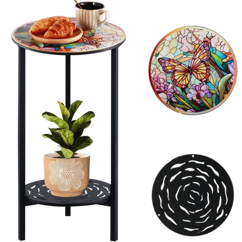 lucpur 2-Tier Metal Round Side Table Black Accent Coffee Tables Small Space Corner Plant Stand Shelf for Indoor Outdoor Use Patio Balcony End Table Butterfly Print Weather-Resistant - Image 1