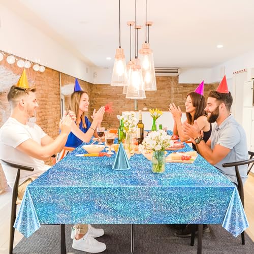 Just Shimmer Sparkling Holographic Laser Tablecloth - Shimmering, Waterproof, Easy to Clean - Ideal for Bachelorette, Birthday, Wedding, and Anniversary Party Decorations (Pink & Light Blue, 2) - Image 3