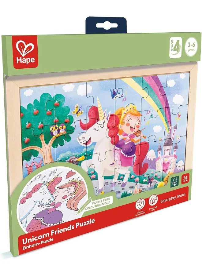 Hape Unicorn Friends Puzzle | Educational Double Sided Colouring Jigsaw Puzzle For Kids, 24 Piece | 3Y+