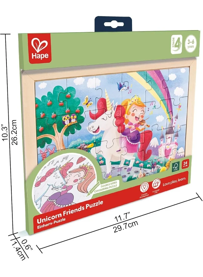 Hape Unicorn Friends Puzzle | Educational Double Sided Colouring Jigsaw Puzzle For Kids, 24 Piece | 3Y+