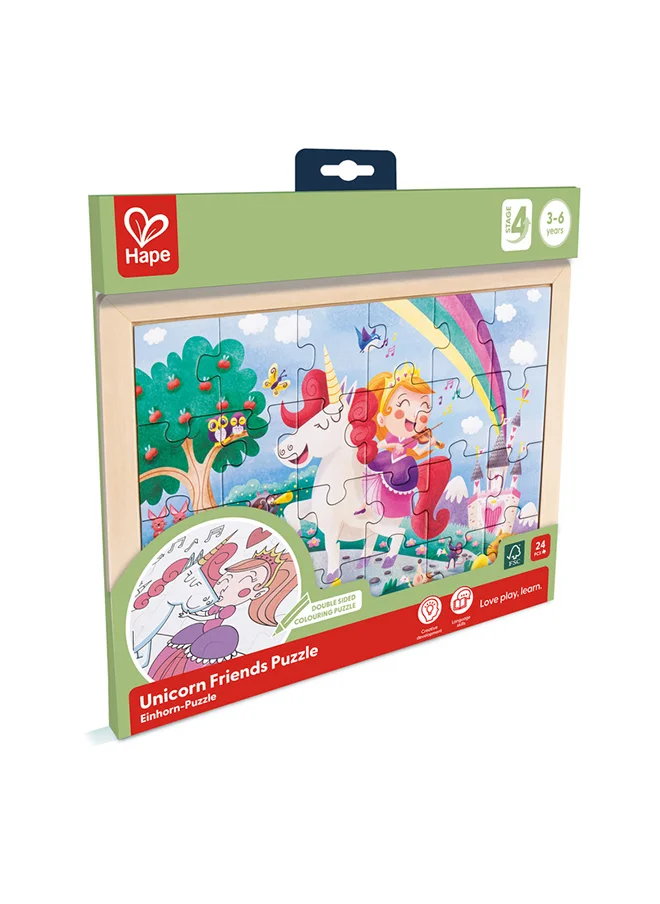 Hape 24-Piece Unicorn Friends Puzzle Educational Double-Sided Colouring Jigsaw Puzzle for Kids