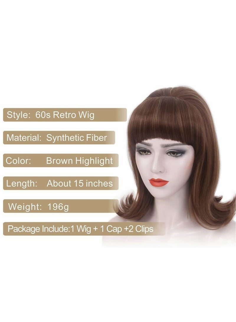 KASTWAVE Brown Wig with Bangs, 60s Retro Beehive Wigs for Women, 70s Classic Style Cosplay Wig With Bang - Image 2