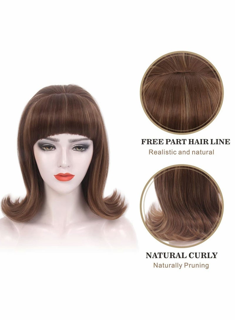 KASTWAVE Brown Wig with Bangs, 60s Retro Beehive Wigs for Women, 70s Classic Style Cosplay Wig With Bang - Image 3
