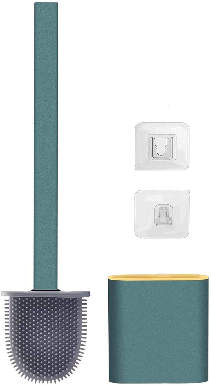 SILICONE TOILET CLEANING BRUSH AND HOLDER DEEPCLEANING NOSLIP LONG PLASTIC HANDLE QUICK DRYING FLEXIBLE BRISTLES CLEANING BRUSH FOR TOILET AND BATHROOM