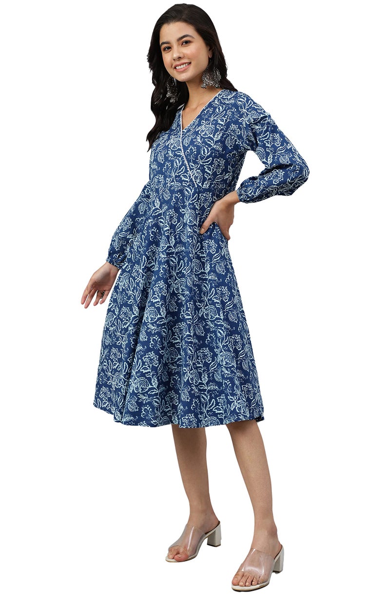 Janasya Women's Navy Blue Cotton Floral Print Angrakha Western Dress - Image 4