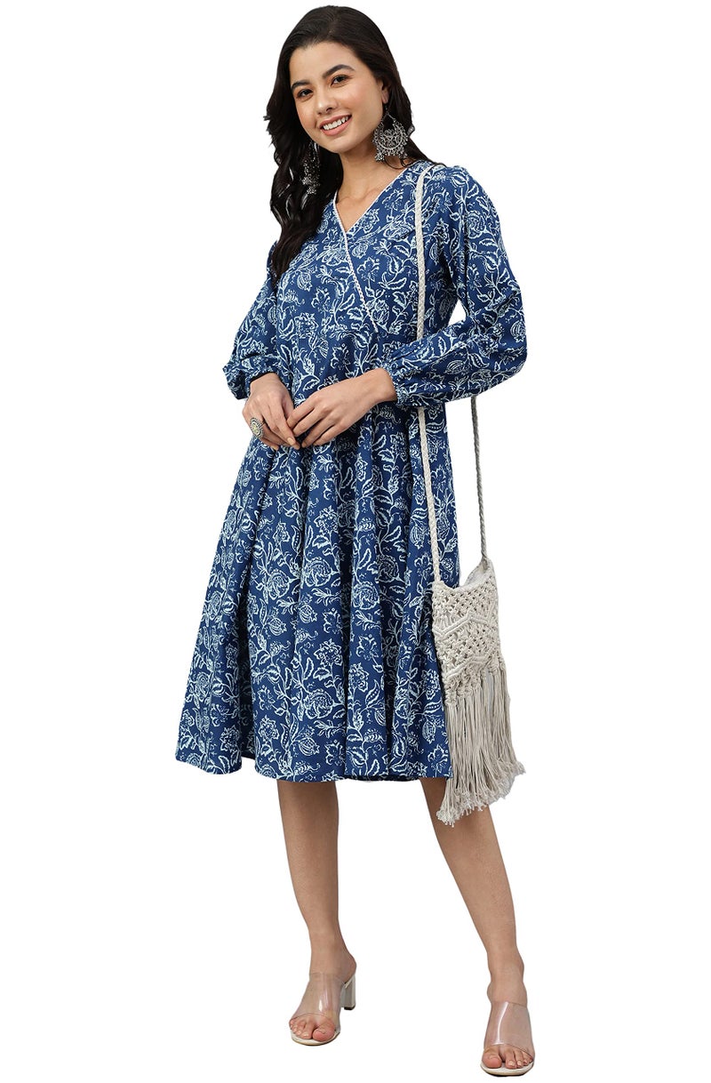 Janasya Women's Navy Blue Cotton Floral Print Angrakha Western Dress - Image 1