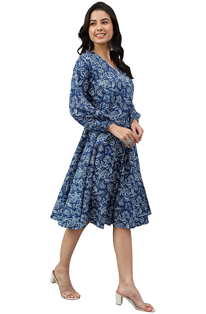 Janasya Women's Navy Blue Cotton Floral Print Angrakha Western Dress - Image 5