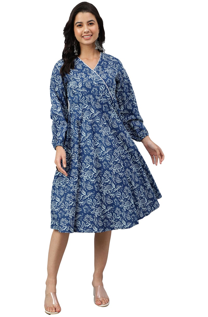Janasya Women's Navy Blue Cotton Floral Print Angrakha Western Dress - Image 3