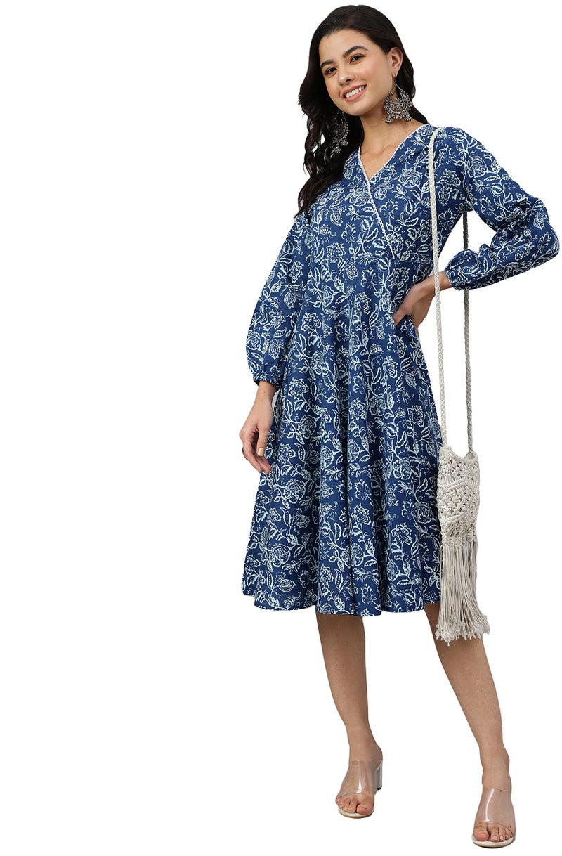 Janasya Women's Navy Blue Cotton Floral Print Angrakha Western Dress - Image 2