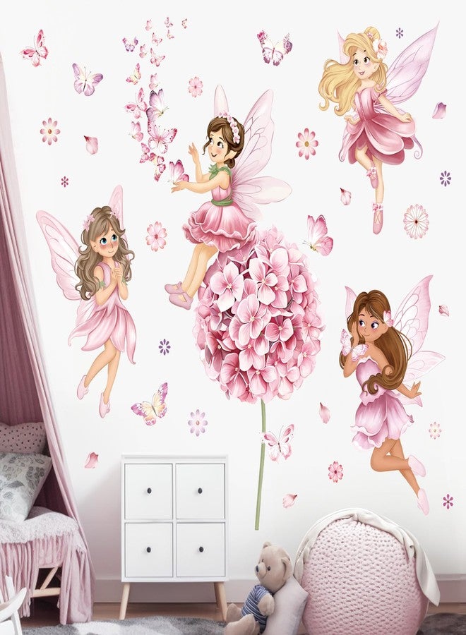 decalmile Fairy Girl with Flower Wall Decals Large Pink Dandelion Floral Butterfly Elves Wall Stickers Girls Bedroom Baby Nursery Kids Room Wall Decor - Image 1