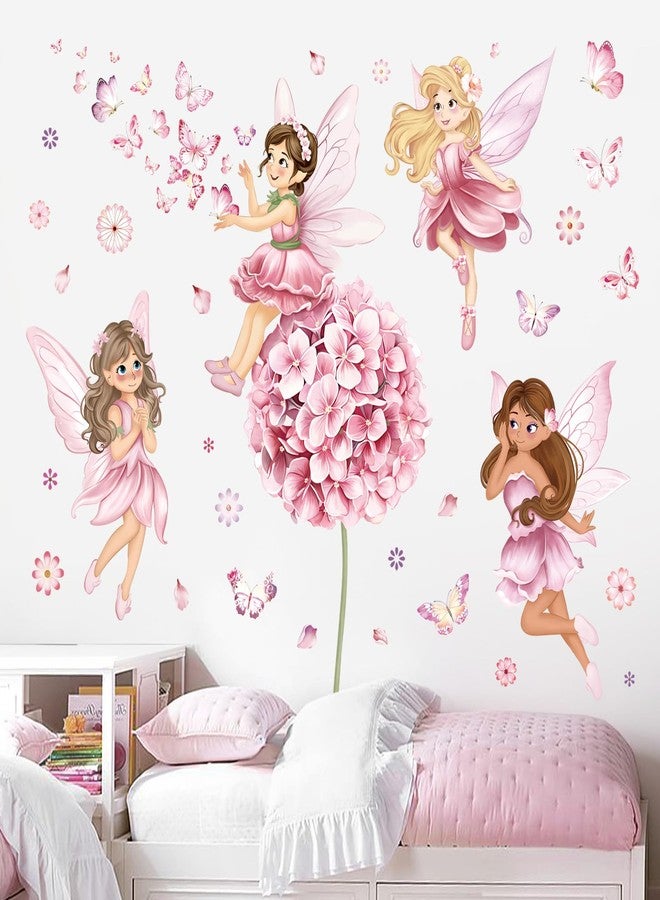 decalmile Fairy Girl with Flower Wall Decals Large Pink Dandelion Floral Butterfly Elves Wall Stickers Girls Bedroom Baby Nursery Kids Room Wall Decor - Image 2