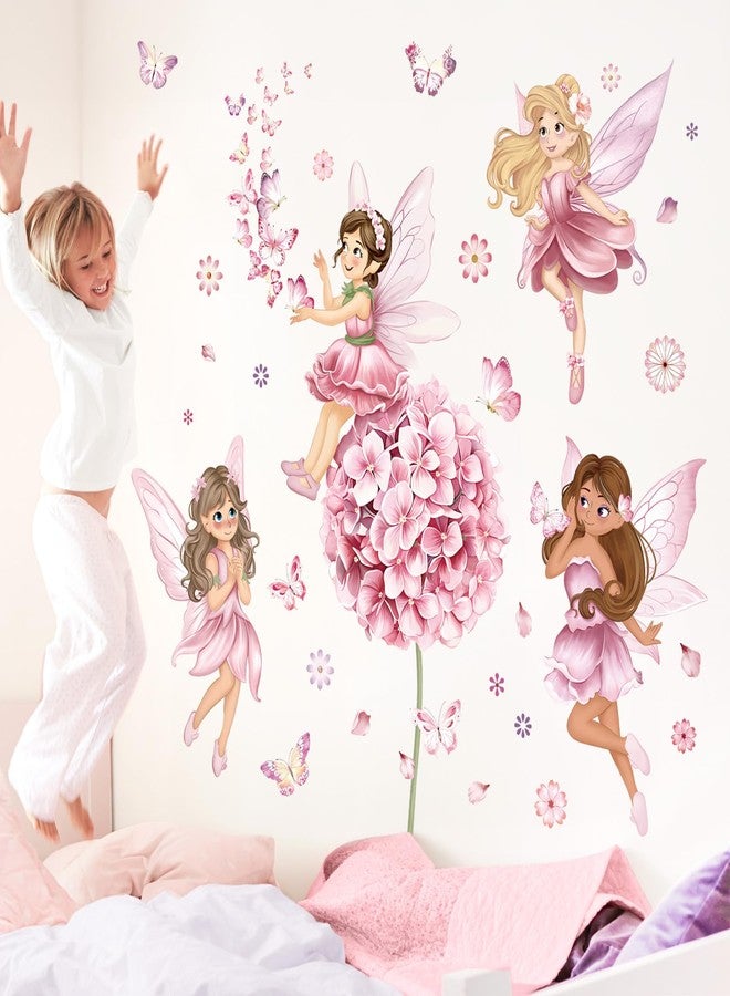 decalmile Fairy Girl with Flower Wall Decals Large Pink Dandelion Floral Butterfly Elves Wall Stickers Girls Bedroom Baby Nursery Kids Room Wall Decor - Image 3