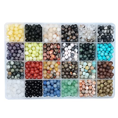 Maonewque 1200pcs 6mm Natural Round Stone Beads Real Gemstone Beading Loose Gemstone Hole Size 1mm DIY Smooth Beads for Bracelet Necklace Earrings Jewelry Making,Box Packed(24 Material -A,6mm) - Image 1