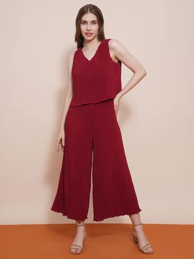 globus Women Maroon V-Neck Accordion Pleats Wide Leg Loose Fit Long Party Jumpsuit