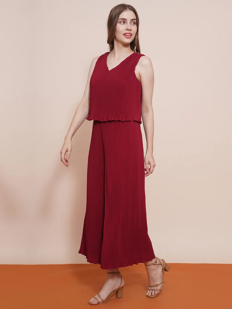 globus Women Maroon V-Neck Accordion Pleats Wide Leg Loose Fit Long Party Jumpsuit