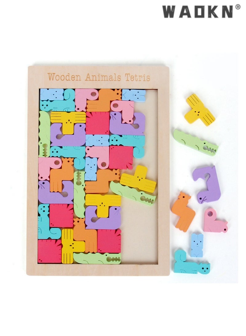دبليو أيه أو كي أن خشبية ملونة الحيوانات تتريس اللغز المجلس ، لعبة تعليمية للأطفال في مرحلة الطفولة المبكرة ، الخيار المثالي لتطوير الوعي المكاني والمهارات الحركية الدقيقة ، لعبة لغز مثيرة للاهتمام وجذابة للأطفال - Image 1