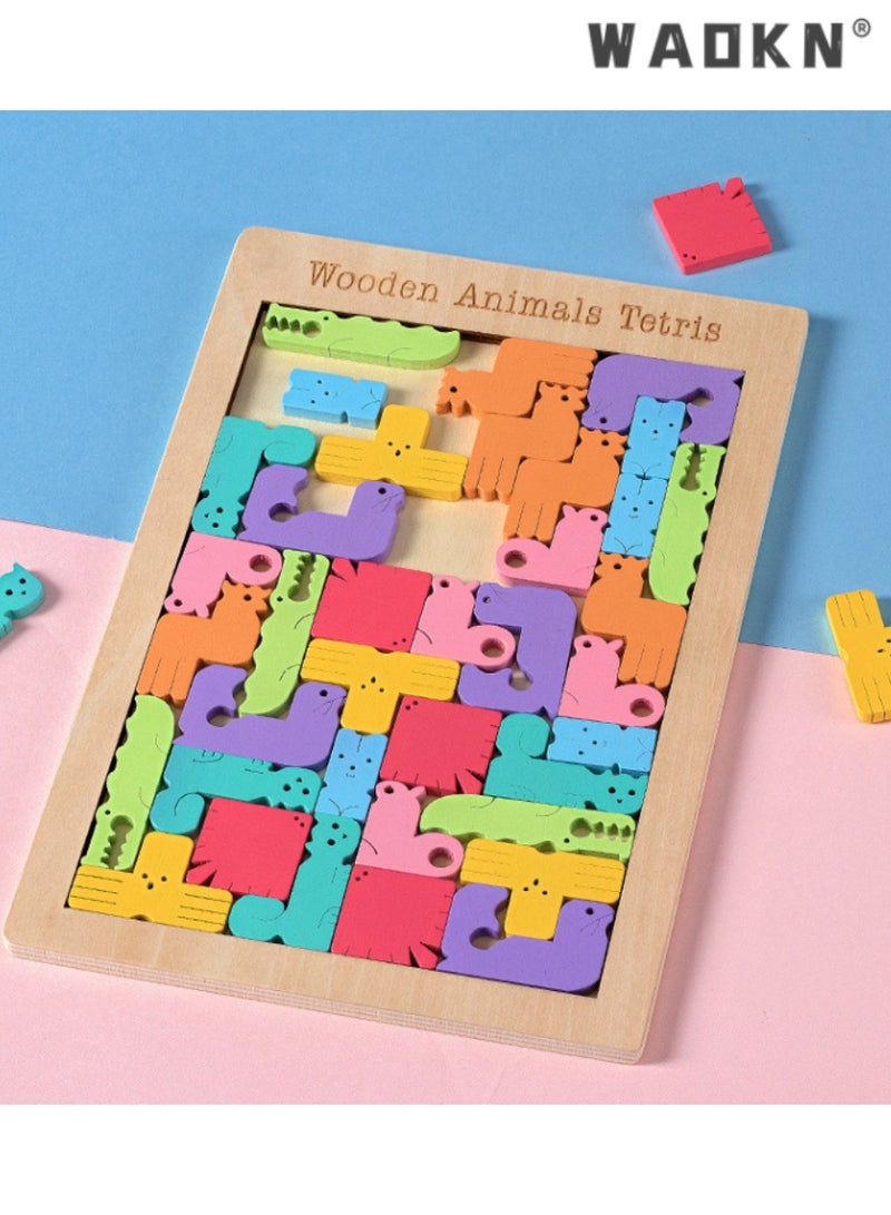 دبليو أيه أو كي أن خشبية ملونة الحيوانات تتريس اللغز المجلس ، لعبة تعليمية للأطفال في مرحلة الطفولة المبكرة ، الخيار المثالي لتطوير الوعي المكاني والمهارات الحركية الدقيقة ، لعبة لغز مثيرة للاهتمام وجذابة للأطفال - Image 5