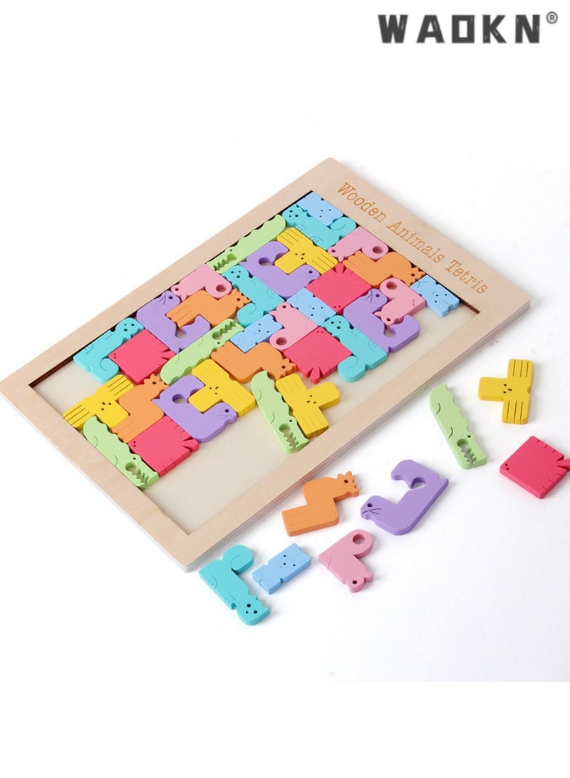 دبليو أيه أو كي أن خشبية ملونة الحيوانات تتريس اللغز المجلس ، لعبة تعليمية للأطفال في مرحلة الطفولة المبكرة ، الخيار المثالي لتطوير الوعي المكاني والمهارات الحركية الدقيقة ، لعبة لغز مثيرة للاهتمام وجذابة للأطفال - Image 2