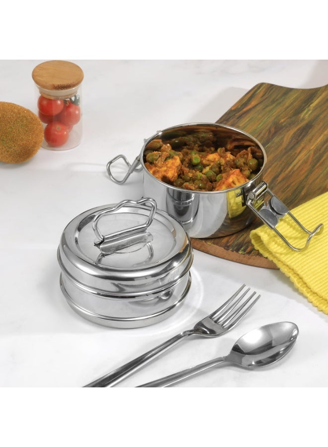 Kraft Stainless Steel Lunch Box with Handle - 600 Ml | 2 Tier Compartment Traditional Tiffin Box | Easy to Carry, Leak Proof, Locking Clip | Ideal for School, Office, Men, Women - Image 3