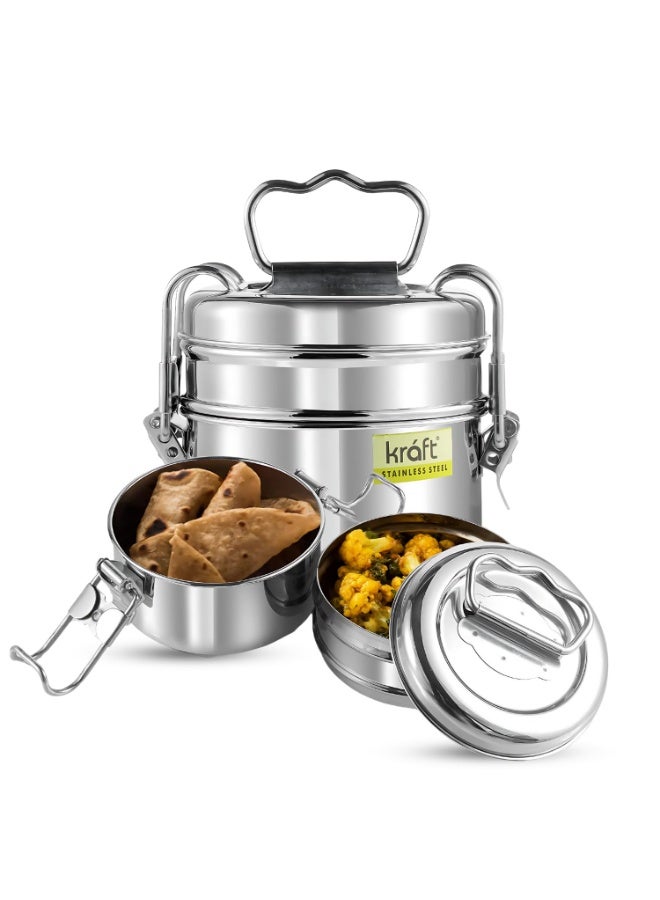 Kraft Stainless Steel Lunch Box with Handle - 600 Ml | 2 Tier Compartment Traditional Tiffin Box | Easy to Carry, Leak Proof, Locking Clip | Ideal for School, Office, Men, Women - Image 1