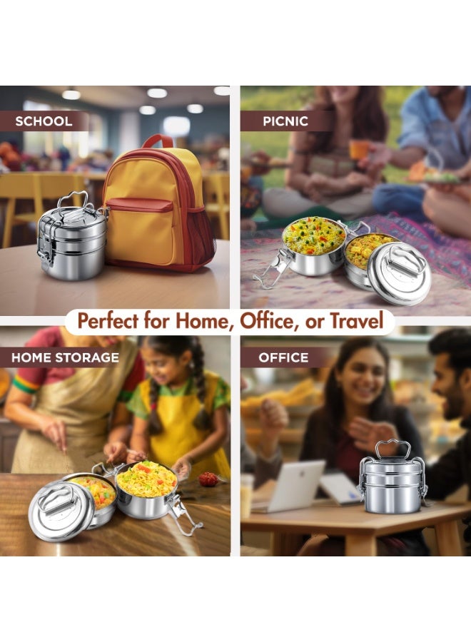Kraft Stainless Steel Lunch Box with Handle - 600 Ml | 2 Tier Compartment Traditional Tiffin Box | Easy to Carry, Leak Proof, Locking Clip | Ideal for School, Office, Men, Women - Image 2