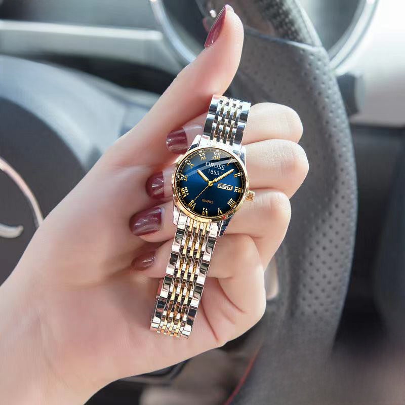 ORUSS Womens Genuine Ceramic Luxury Watch Romantic Blue Gold Women's Double Calendar 