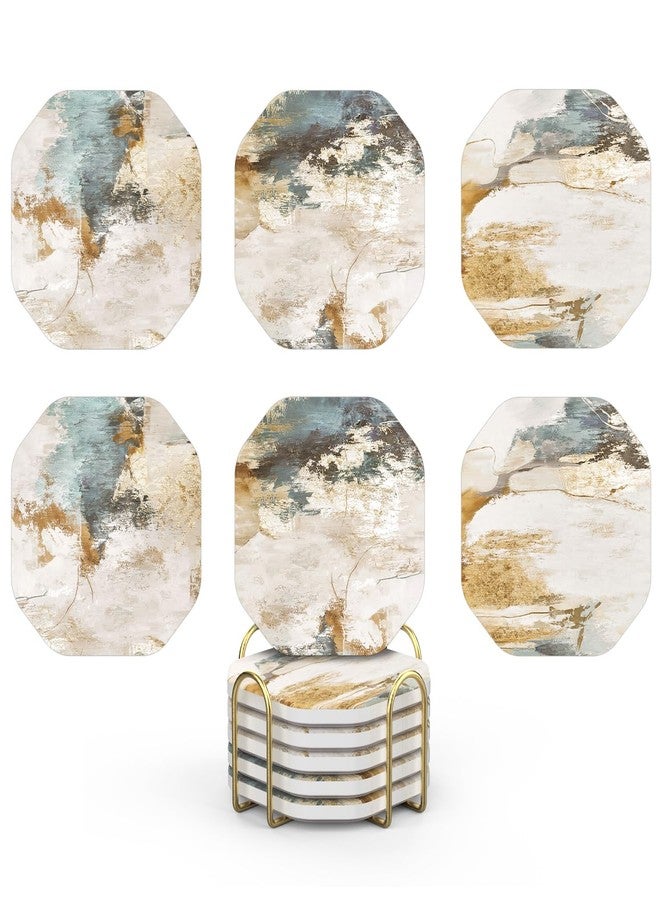 UMIRRO Ceramic Stone Coasters for Drinks Absorbent with Holder for Wooden Coffee Table Decor, Stoneware Cup Coasters for Iced Cold or Hot Drinks, Rustic Retro Boho Style, Gold, 4" Set of 6 - Image 1
