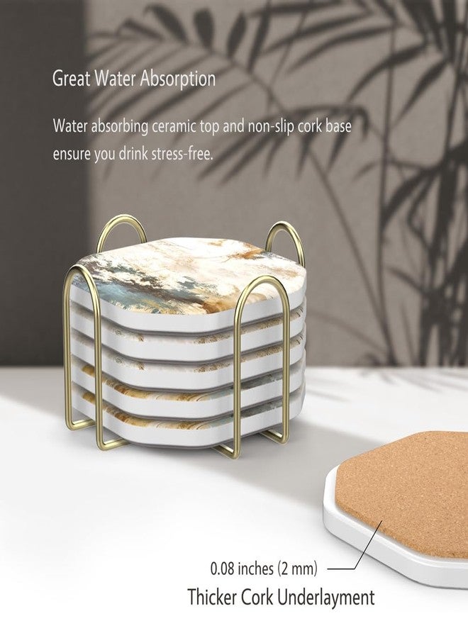 UMIRRO Ceramic Stone Coasters for Drinks Absorbent with Holder for Wooden Coffee Table Decor, Stoneware Cup Coasters for Iced Cold or Hot Drinks, Rustic Retro Boho Style, Gold, 4" Set of 6 - Image 5