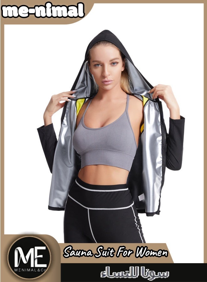 مينيمال بدلة ساونا للسيدات مع قبعة | بلوزة بأكمام طويلة مع قبعة وسحاب كامل + بنطال عالي الخصر | مجموعة للتدريب لزيادة التعرق وتشكيل الجسم - Image 1