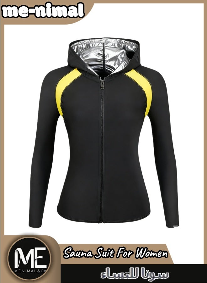 مينيمال بدلة ساونا للسيدات مع قبعة | بلوزة بأكمام طويلة مع قبعة وسحاب كامل + بنطال عالي الخصر | مجموعة للتدريب لزيادة التعرق وتشكيل الجسم - Image 2