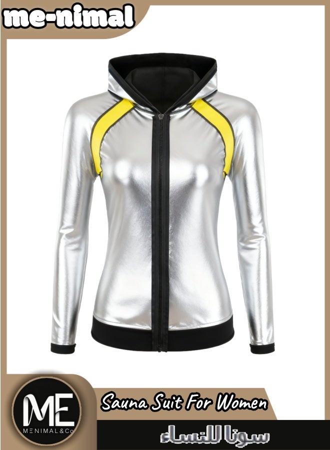 مينيمال بدلة ساونا للسيدات مع قبعة | بلوزة بأكمام طويلة مع قبعة وسحاب كامل + بنطال عالي الخصر | مجموعة للتدريب لزيادة التعرق وتشكيل الجسم - Image 4