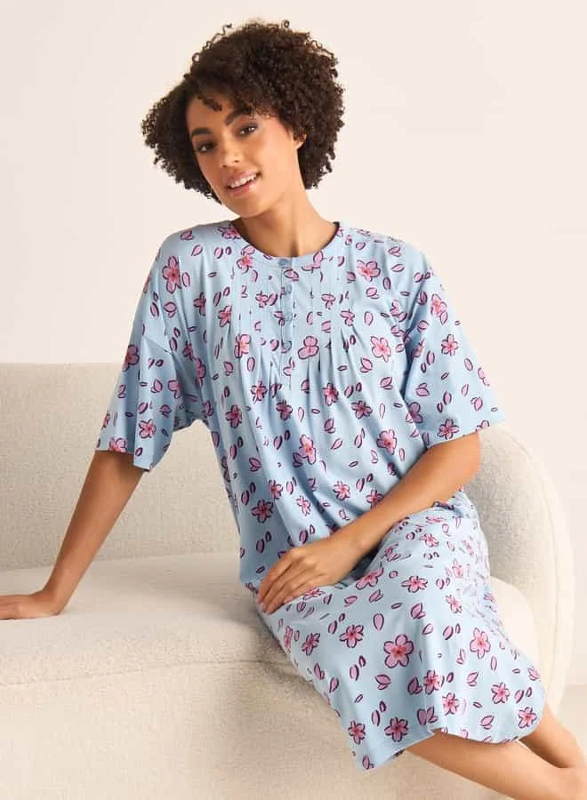 Splash FAV Floral Print Sleepshirt with Button Closure and Short Sleeves