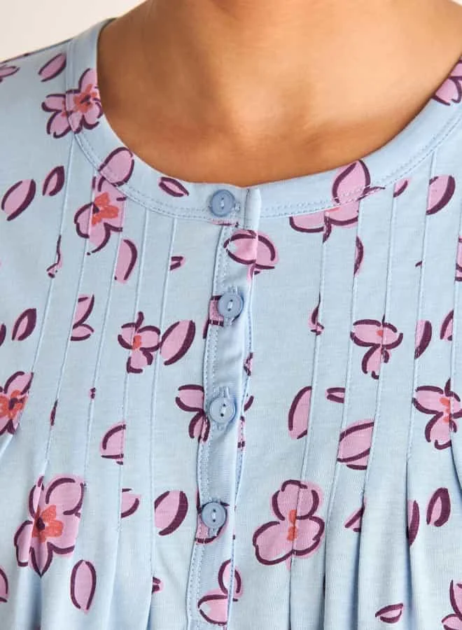 Splash FAV Floral Print Sleepshirt with Button Closure and Short Sleeves