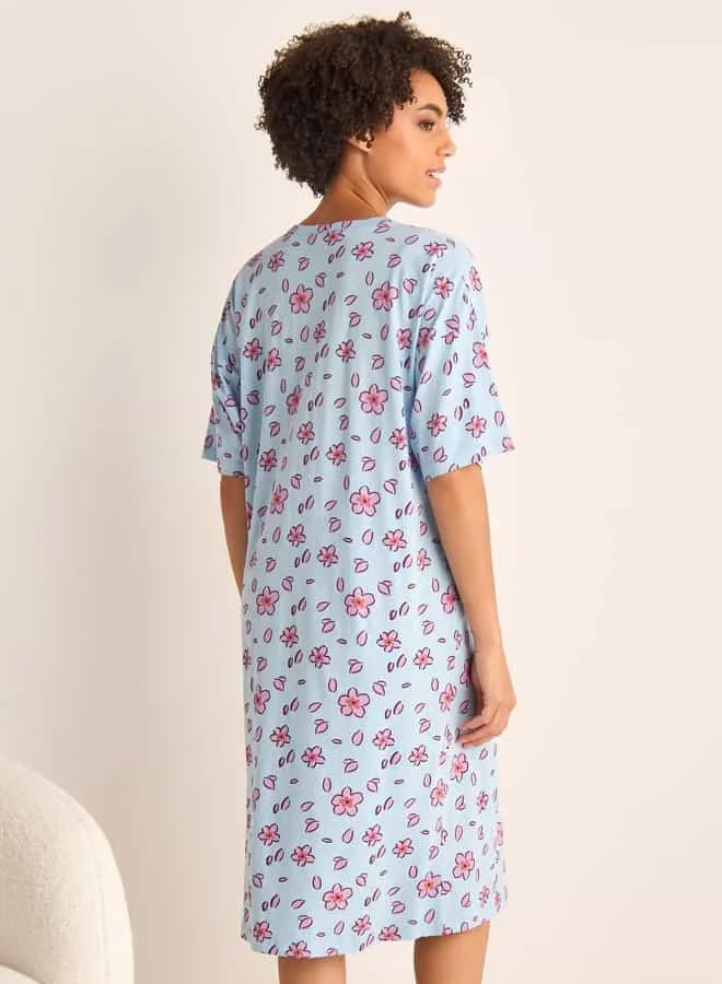 Splash FAV Floral Print Sleepshirt with Button Closure and Short Sleeves