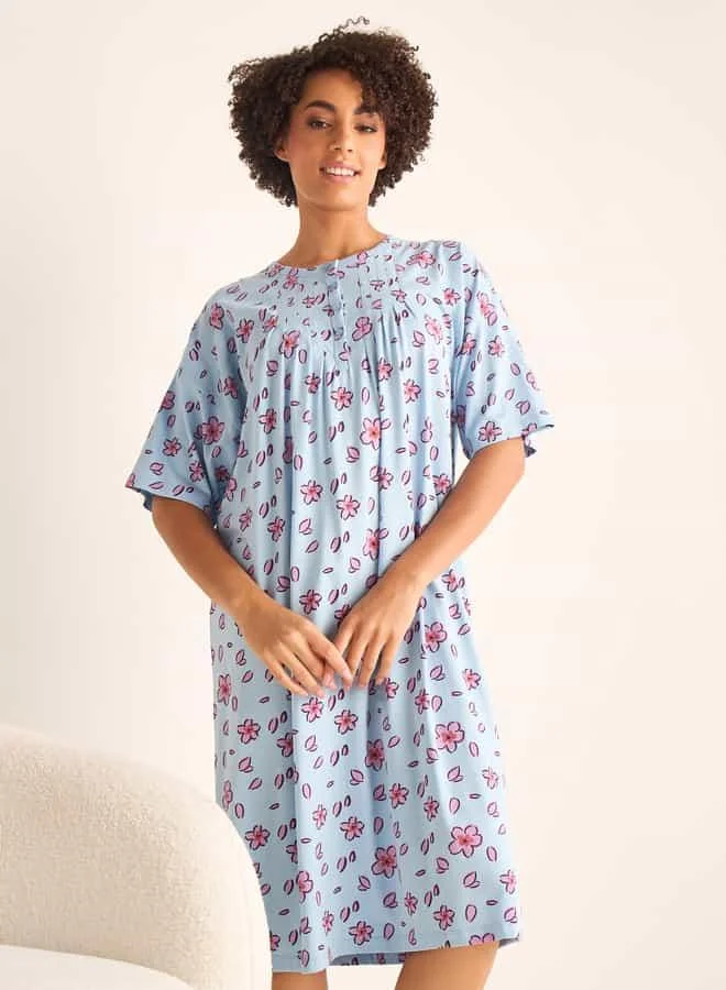 Splash FAV Floral Print Sleepshirt with Button Closure and Short Sleeves