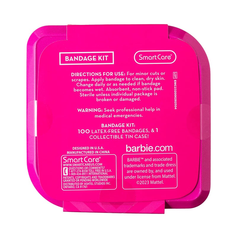 Smart Care Barbie Bandage Kit, Kids Bandages Variety Pack, 3 Assorted Sizes, 100CT with Collectible Barbie Tin Case - Image 2