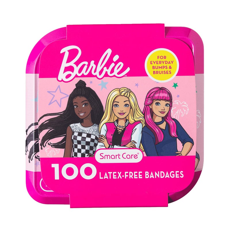 Smart Care Barbie Bandage Kit, Kids Bandages Variety Pack, 3 Assorted Sizes, 100CT with Collectible Barbie Tin Case - Image 1