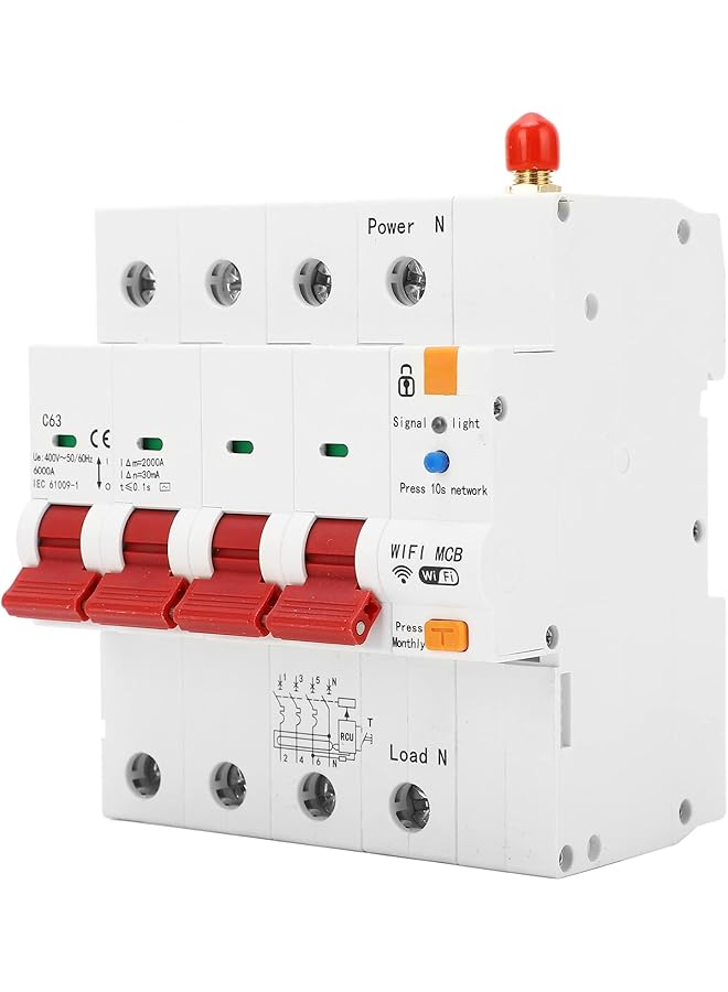 PROMASS promass Smart WiFi Circuit Breaker, AC 400V 63A 4P Mobile Phone APP Remote Control Din Rail Circuit Breaker IP20 Miniature Circuit Breaker with Lock for Households Factories  - Image 1
