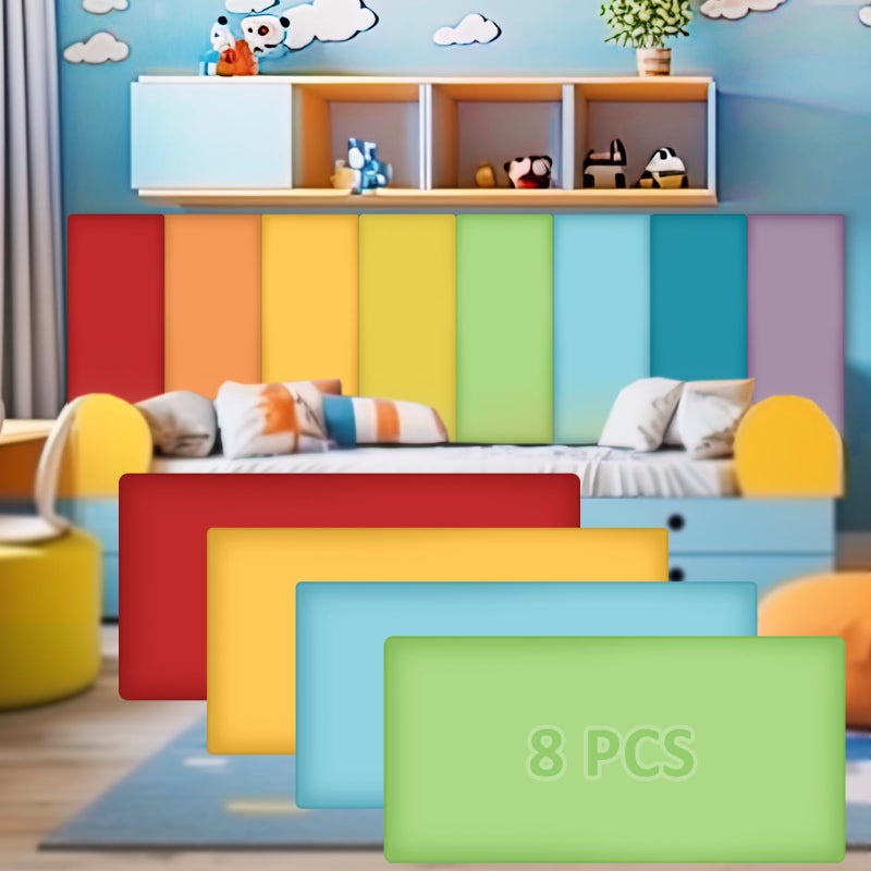 Hahafelt حافة 8 عبوة من وسائد الجدران لغرفة اللعب، رأس سرير لاصق قابل للتقشير 15.75" x 7.87" x 1.18" لوحات جدارية مبطنة ثلاثية الأبعاد مضادة للاصطدام، لوحة رأس سرير ذاتية اللصق للحماية (ألوان قوس قزح) - Image 1