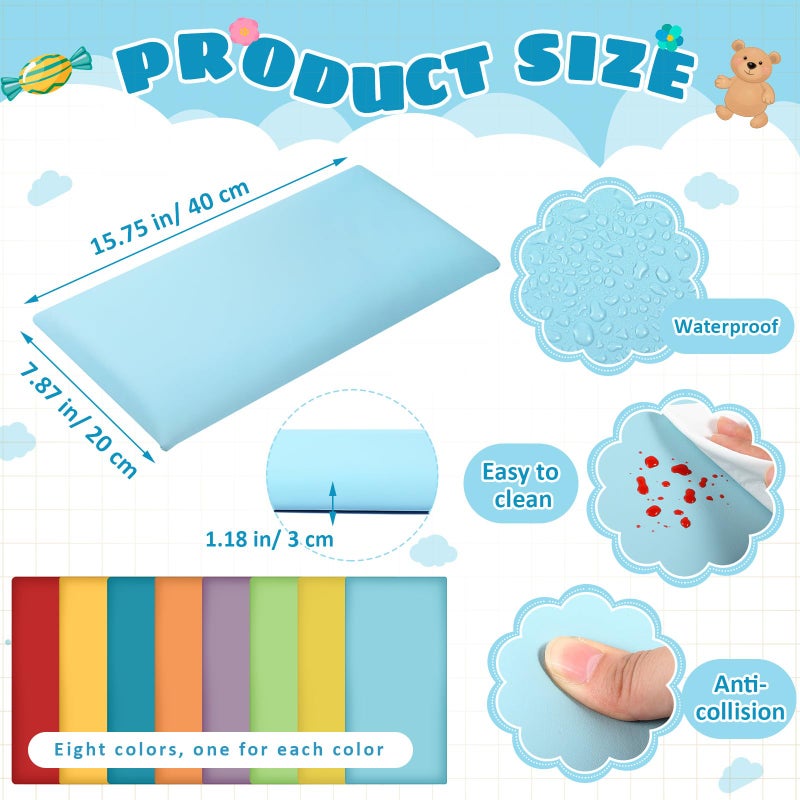 Hahafelt حافة 8 عبوة من وسائد الجدران لغرفة اللعب، رأس سرير لاصق قابل للتقشير 15.75" x 7.87" x 1.18" لوحات جدارية مبطنة ثلاثية الأبعاد مضادة للاصطدام، لوحة رأس سرير ذاتية اللصق للحماية (ألوان قوس قزح) - Image 2