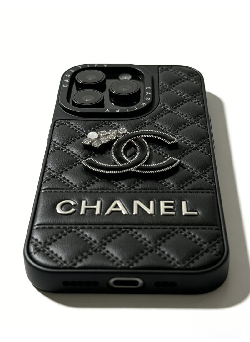 CHANEDE CHANEL Luxury Quilted Leather Phone Case with Crystal & Pearl Embellishment - Premium Protective Cover for iPhone 16/16 Pro Max/17/17 Pro Max - Image 5