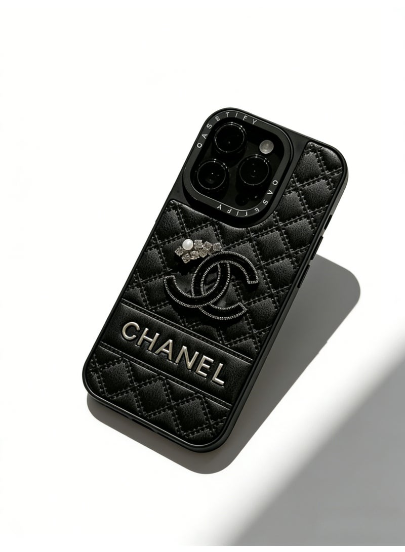 CHANEDE CHANEL Luxury Quilted Leather Phone Case with Crystal & Pearl Embellishment - Premium Protective Cover for iPhone 16/16 Pro Max/17/17 Pro Max - Image 3