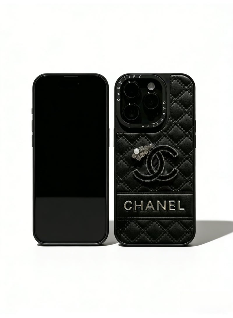 CHANEDE CHANEL Luxury Quilted Leather Phone Case with Crystal & Pearl Embellishment - Premium Protective Cover for iPhone 16/16 Pro Max/17/17 Pro Max - Image 1