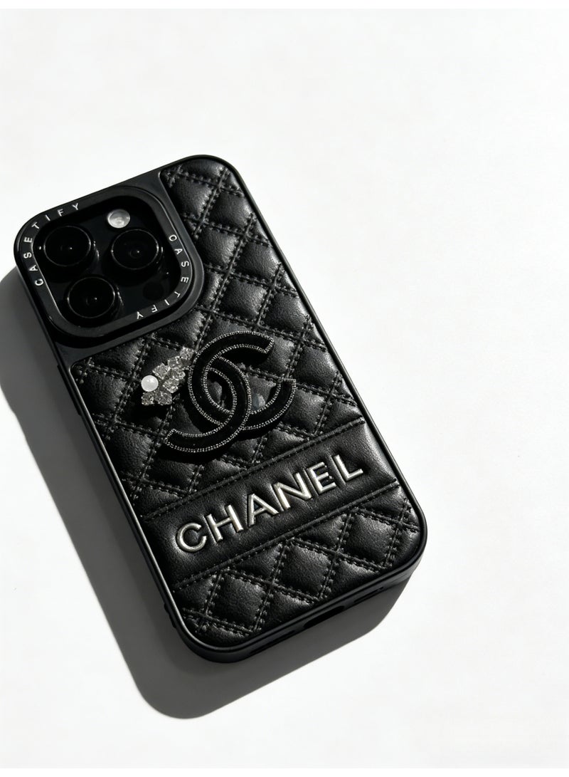 CHANEDE CHANEL Luxury Quilted Leather Phone Case with Crystal & Pearl Embellishment - Premium Protective Cover for iPhone 16/16 Pro Max/17/17 Pro Max - Image 4