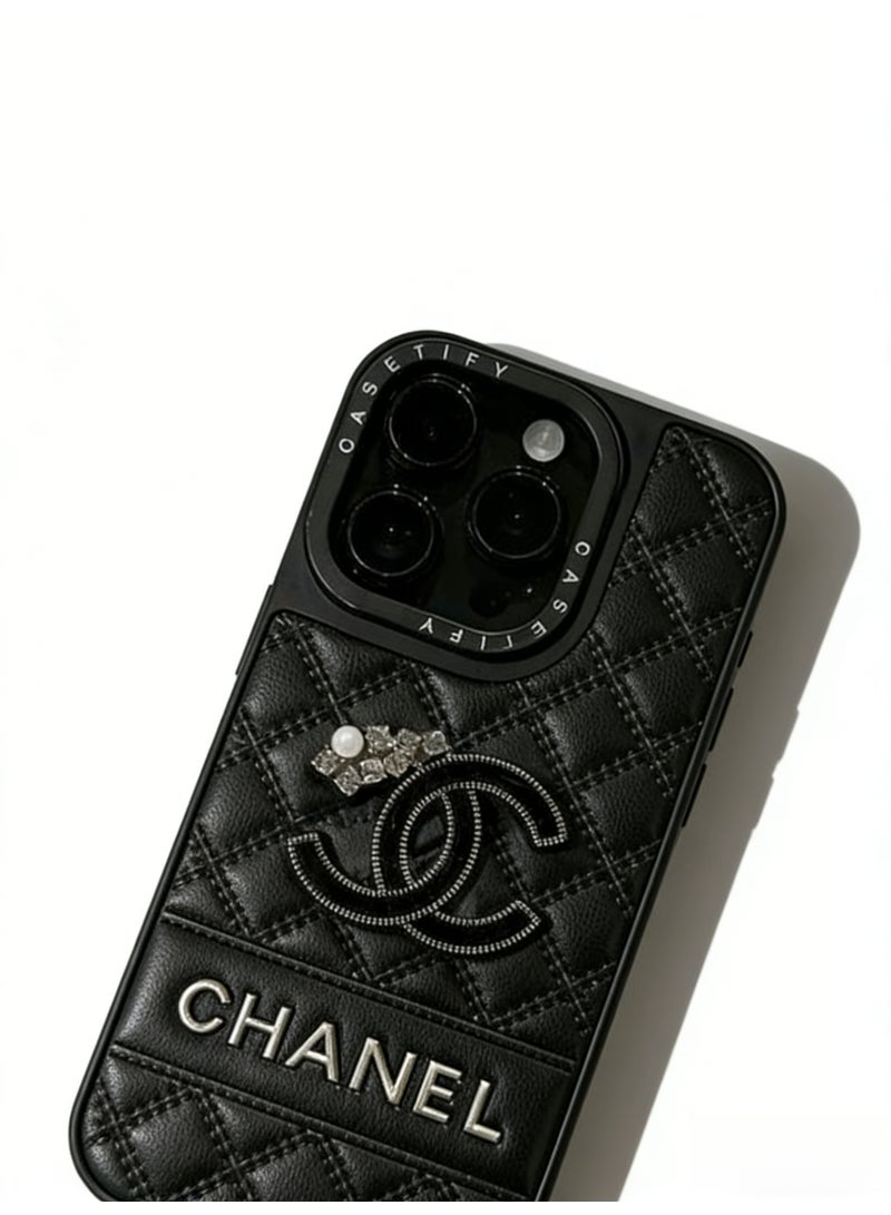 CHANEDE CHANEL Luxury Quilted Leather Phone Case with Crystal & Pearl Embellishment - Premium Protective Cover for iPhone 16/16 Pro Max/17/17 Pro Max - Image 2