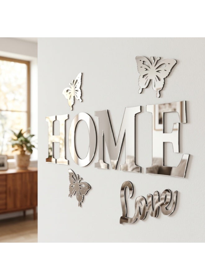ديكور حائط فضي اكريليك بعبارة HOME LOVE مع فراشات – تصميم عصري مجسم – لون فضي لامع – سمك 6 ملم – لاصق دبل فيس جاهز للتثبيت – زينة حائط للمنزل والمطبخ عالي الجودة - Image 1