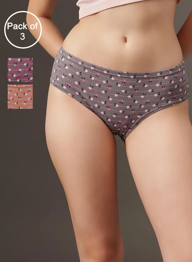 Clovia Pack of 3 - Printed Mid Waist Hipster Panties - 100% Cotton