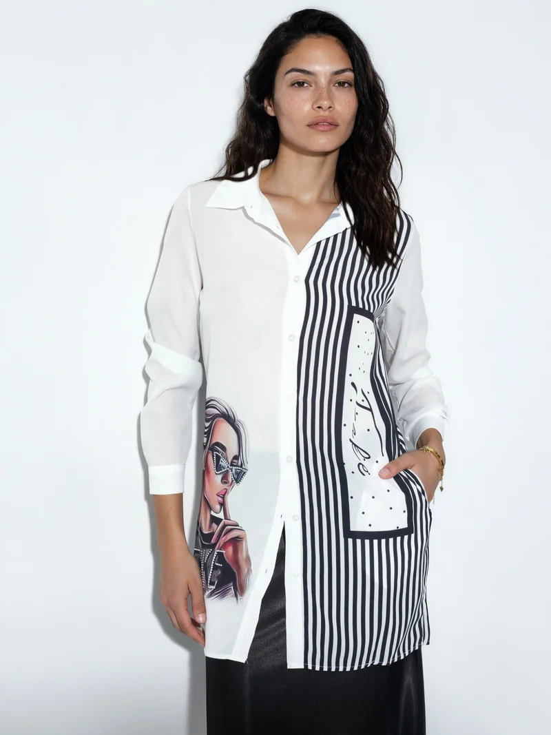 Jennyfer Women's Long Striped Poplin Shirt