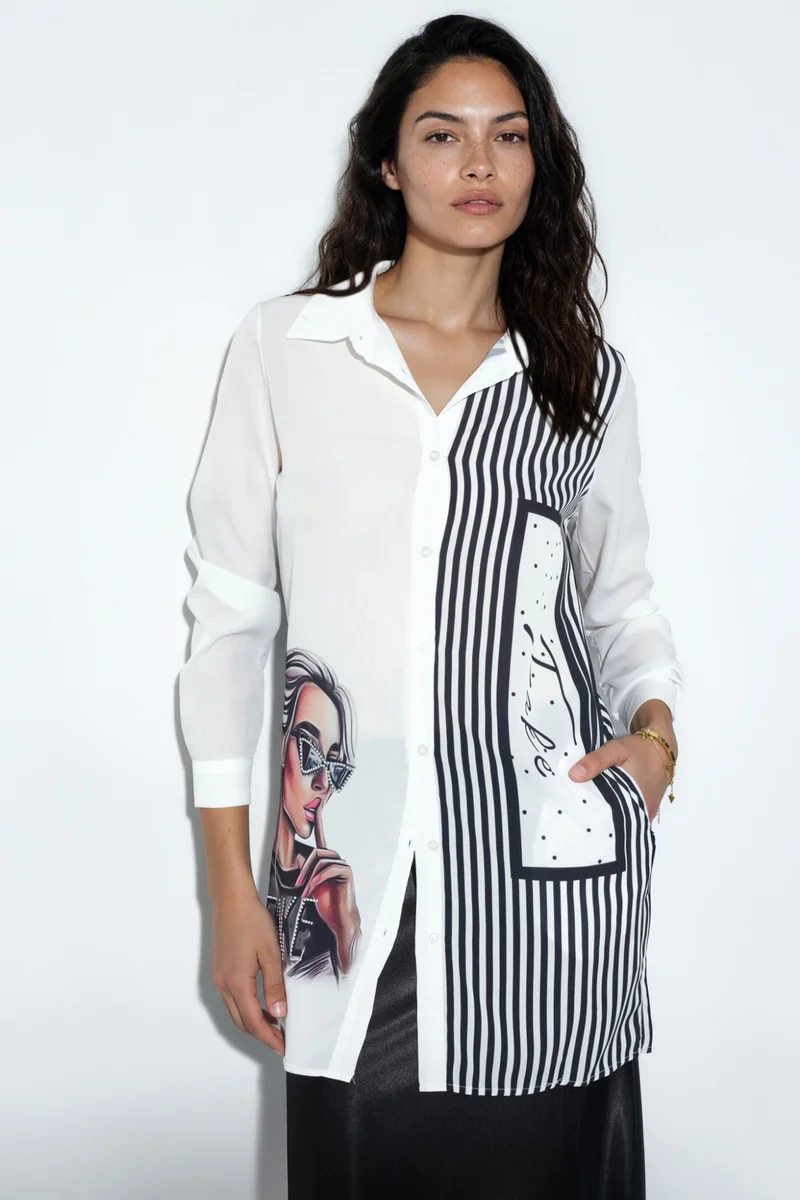Jennyfer Women's Long Striped Poplin Shirt