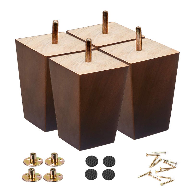 SHANJUE SHANJUE Wood Furniture Legs 4 inch Sofa Legs Set of 4Square Brown Couch feetMid Century Chair LegsReplacement Couch Legs for Dresser Legs Sideboard Recliner Coffee Table 